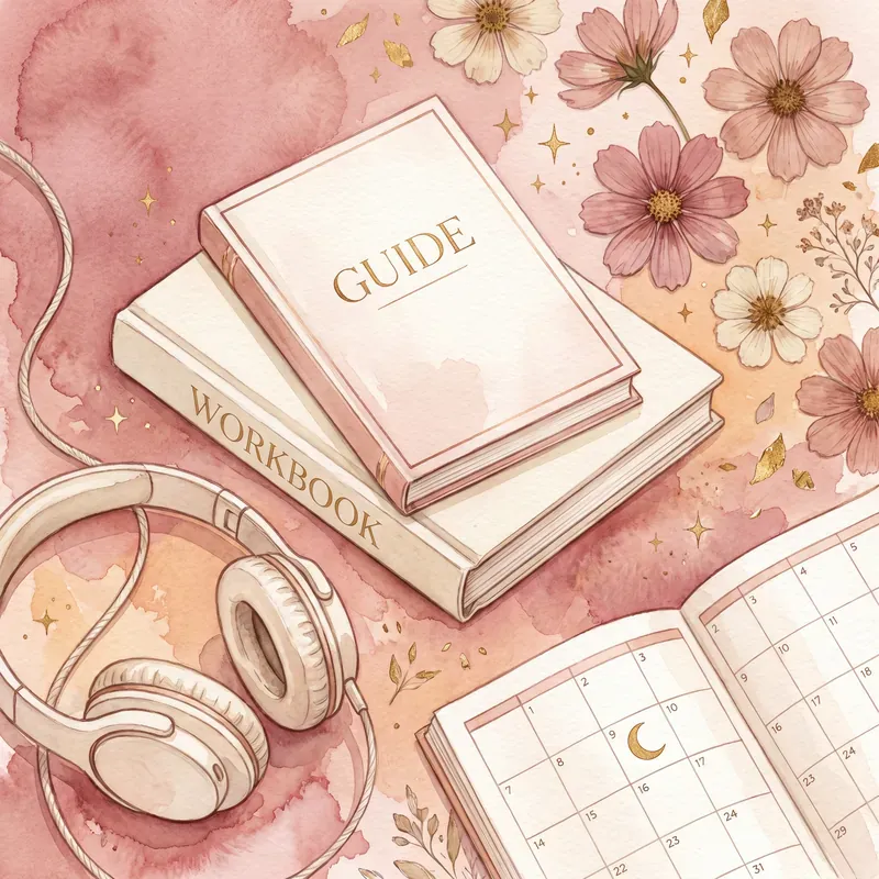 El kit incluye: guía de tu arquetipo, audiolibro, cuaderno de trabajo y calendario cósmico